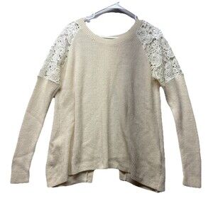 Garnet Hill Sweater Sz M Cream Merino Wool Open Back Knit Ribbed Lace Shoulder *